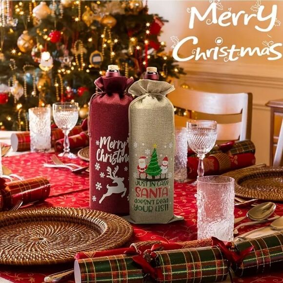 Burlap Christmas 2 pcs Wine, Champagne, & 750 ml liquor bottle gift bag - Picture 3 of 6